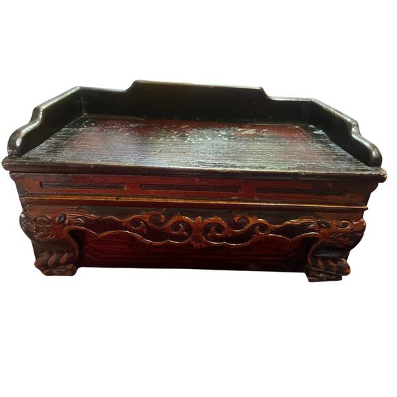 Antique Chinese Carved Red Lacquered Box with Lid & Side Drawer Signed on Bottom - Picture 9 of 12